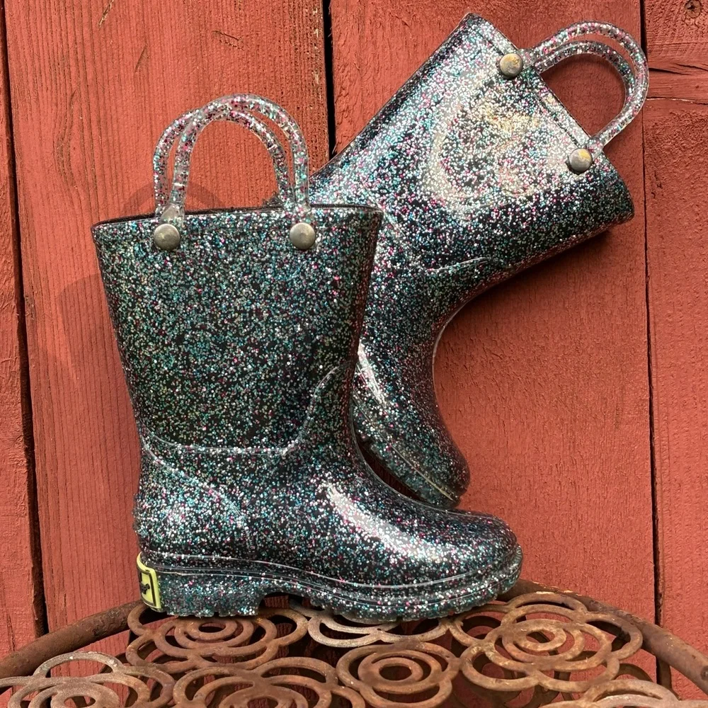 Western Chief Kids Rain Boots Black Silver Jelly Waterproof Glitter 6T EU22